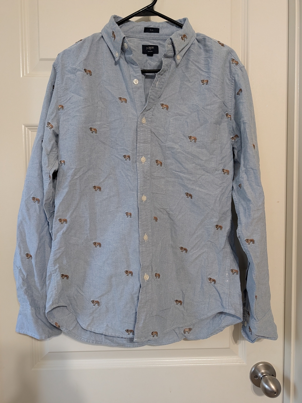 J. Crew Light Blue Oxford Button-Down Shirt with Saint Bernard Embroidery Medium